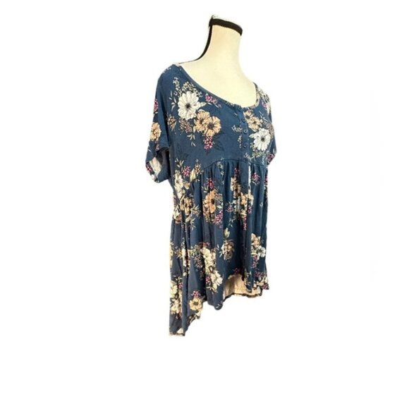 Women’s Torrid 0 Deep Teal Floral Babydoll Super Soft Button-Front Top L XL 12 - Picture 5 of 9